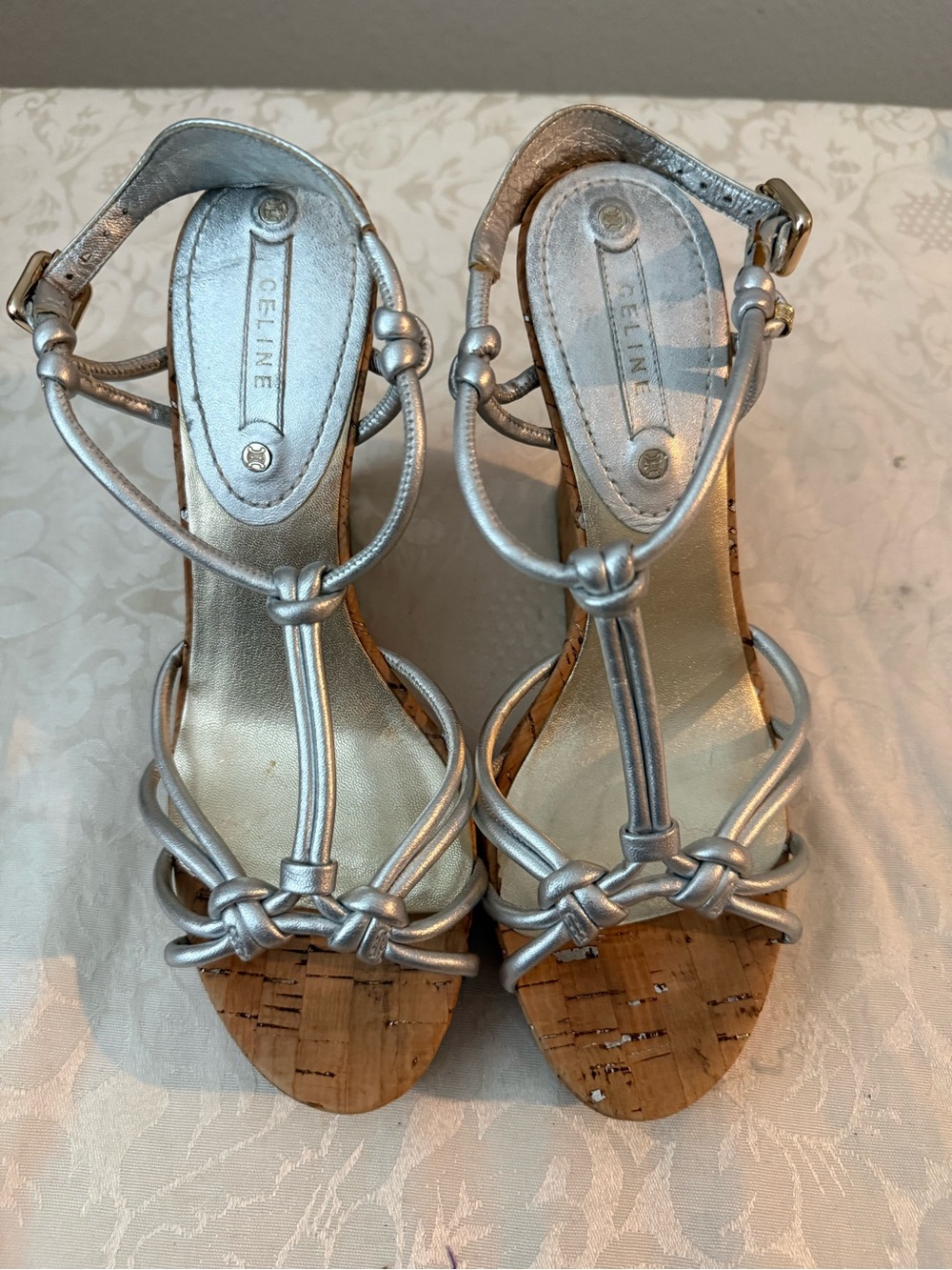 Stunning Celine Silver Metallic Cork Wedge Sandals EU 38 New No Box - Picture 4 of 14
